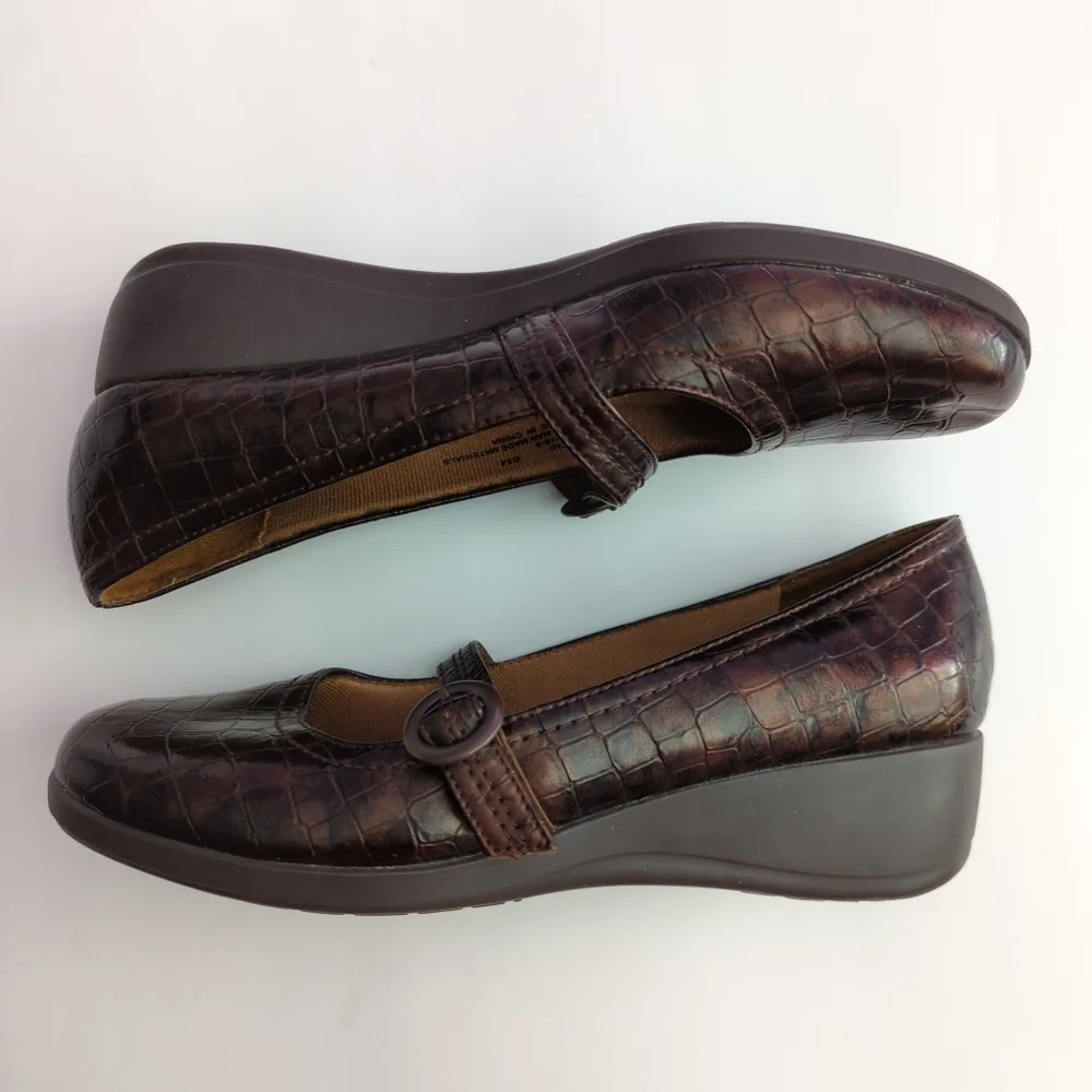Life Stride Denise Mary Jane Size 8M Slip On Brown Black Faux Shoes